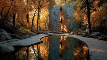 Unique architectural structure surrounded by vibrant autumn foliage reflecting in tranquil water photo