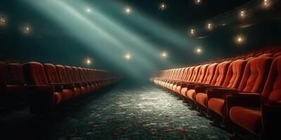 Empty theater with red velvet seats illuminated by dramatic lighting at twilight photo