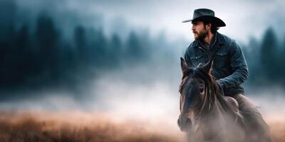 Cowboy rides horse through misty landscape in early morning light surrounded by trees and fields photo