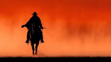 Cowboy riding horse at sunset in a dramatic landscape with vibrant colors and dust clouds photo