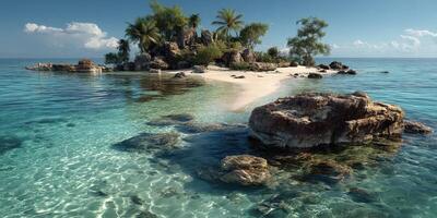 Tropical island with clear waters and sandy beach at sunrise photo