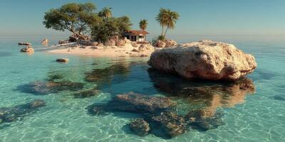 Tropical island paradise with a cozy cottage surrounded by clear turquoise waters and rocky formations at sunrise photo