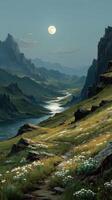 Stunning mountain vista under a full moon with a winding river reflecting the night sky in a tranquil valley setting photo