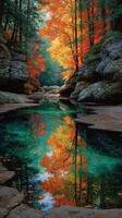 Stunning autumn landscape with colorful foliage reflecting in serene water at a tranquil location in nature photo
