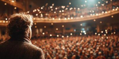 Audience captivated by speaker during a captivating performance in a grand theater setting at night photo