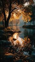 Golden sunlight filters through trees beside a tranquil river at dawn, illuminating the surrounding autumn foliage and water photo