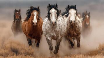 Herd of wild horses galloping through dusty plains in the late afternoon light photo