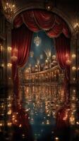 Elegant theater interior with reflective floor and luxurious decor at night photo
