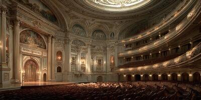 Elegant interior of an ornate theater showcasing historical architecture and decorative details during a performance night photo