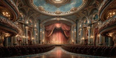Elegant theater interior with ornate decorations and stage curtains in a grand setting at dusk photo