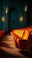 Bright orange theater seats illuminate an elegant vintage cinema interior with dramatic lighting during evening hours photo