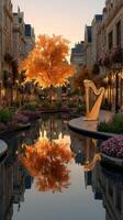 Harp and autumn tree reflect in tranquil canal at sunset in charming European village photo