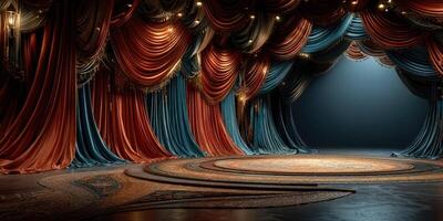 Elegant stage setup with rich curtains and intricate patterns in a theater setting before a performance photo