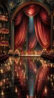 Elegant theater stage with red curtains and illuminated floor awaits performance in a grand venue photo