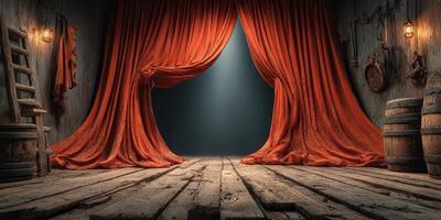Rustic theater stage with red velvet curtains and wooden floor illuminated by soft light photo