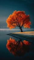 Vibrant autumn tree reflecting in tranquil water at sunrise photo
