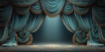 Elegant theater drapery setting the stage for a performance in an ornate venue at dusk photo