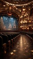 Empty theater prepares for a magical holiday performance with enchanting decorations and warm lighting photo