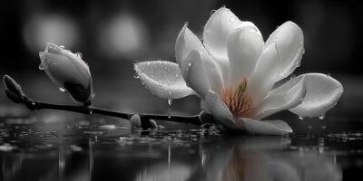 Blossoming magnolia flower in monochrome with water droplets reflecting serene beauty in a tranquil setting photo