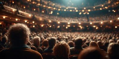 Large audience enjoying a live performance in a historic theater during an evening show photo