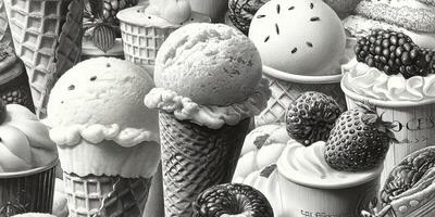 Indulging in desserts at a summer ice cream festival featuring various cones, scoops, and toppings in a vibrant outdoor market photo
