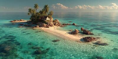 Beautiful secluded island surrounded by clear turquoise waters and rocky shores at sunset photo