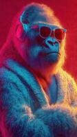 Gorilla in colorful sunglasses and headphones wearing fluffy robe with vibrant lighting photo