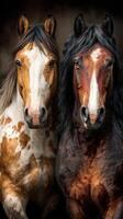 Horses displaying unique patterns and textures in a close-up portrait showcasing their majestic features and expressions photo