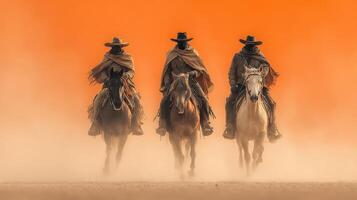 Three cowboys on horseback ride through dusty terrain during sunset in an arid landscape photo