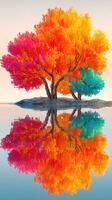 Vibrant autumn trees reflecting in calm waters during sunset at a serene lake photo