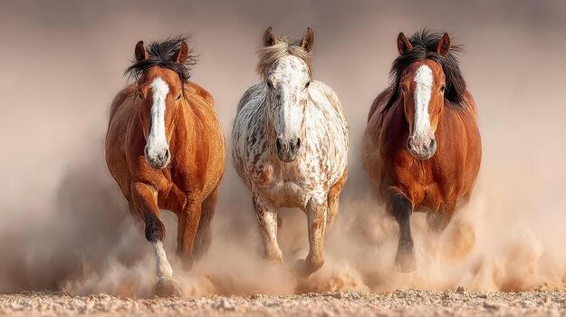 Horses galloping through dusty terrain in a dramatic display of power and grace at sunset in an open area photo