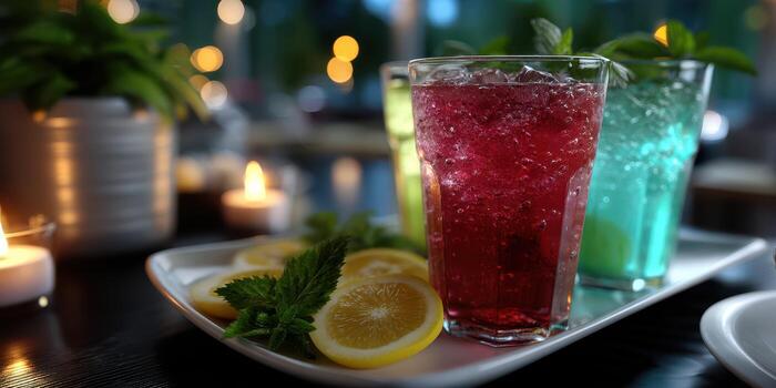 Refreshing summer drinks served on a platter with fresh mint and lemon slices in a cozy evening setting photo