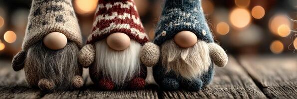 Decorative gnomes wearing colorful hats are arranged on a wooden surface amidst festive lights in a cozy setting photo