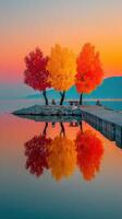 Colorful autumn trees reflect on calm lake at sunset near serene wooden pier in peaceful rural setting photo