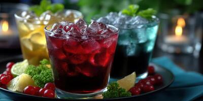 Refreshing colorful drinks served on a platter at a festive evening gathering photo