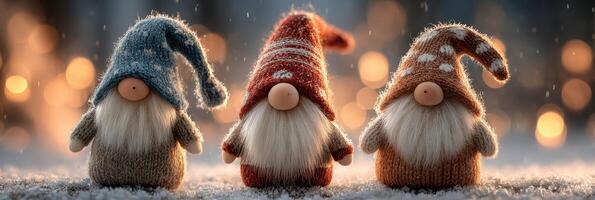 Festive gnomes decorate a winter holiday scene with whimsical charm during the evening photo