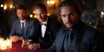 Elegant gathering of men in formal attire at a candlelit event in a luxurious setting photo