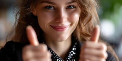 Woman giving thumbs up in a cafe setting during daytime while smiling and showing positivity photo