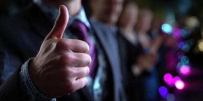 Thumbs up gesture at a festive gathering with blurred party background in the evening photo
