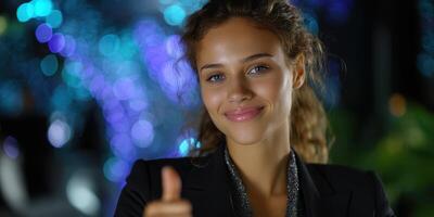 Beautiful woman smiling and giving a thumbs up in a vibrant atmosphere with colorful lights at a social gathering photo
