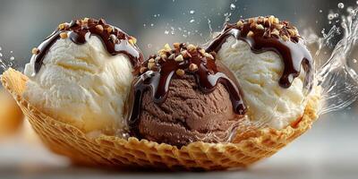Delicious ice cream served in a waffle bowl with chocolate syrup and nuts at a summer gathering photo
