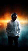 Young man in a hoodie and headphones stands confidently against a dynamic light background photo