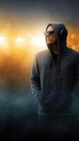 Man in hoodie enjoys music with headphones against a vibrant evening backdrop filled with warm lights photo