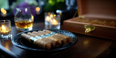 Cigars and whiskey on a dark wooden table create a cozy atmosphere during a relaxing evening gathering at home photo