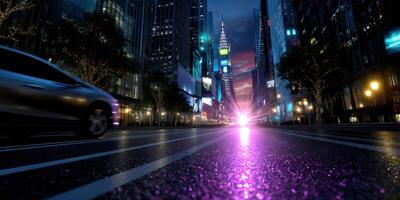 Vibrant city street under evening sky with prominent skyscrapers and dynamic lights photo