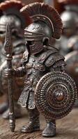 Detailed metal warrior figurine stands with spear and shield, showcasing intricate craftsmanship and historical design elements in a close-up view photo