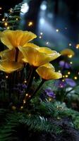 Vibrant yellow mushrooms glow softly in a forest illuminated by gentle magical lights at dusk photo