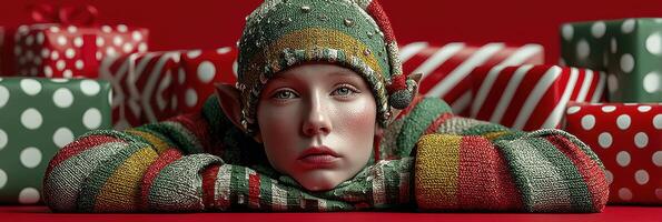 Festive elf preparing for holiday celebrations among colorful wrapped gifts in a cozy setting photo