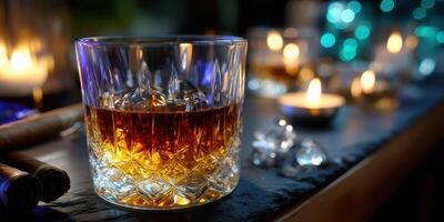Elegant whiskey glass sits on a table illuminated by soft candlelight in a cozy setting at night photo