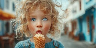 Bright-eyed child enjoying ice cream in a charming street on a sunny day photo